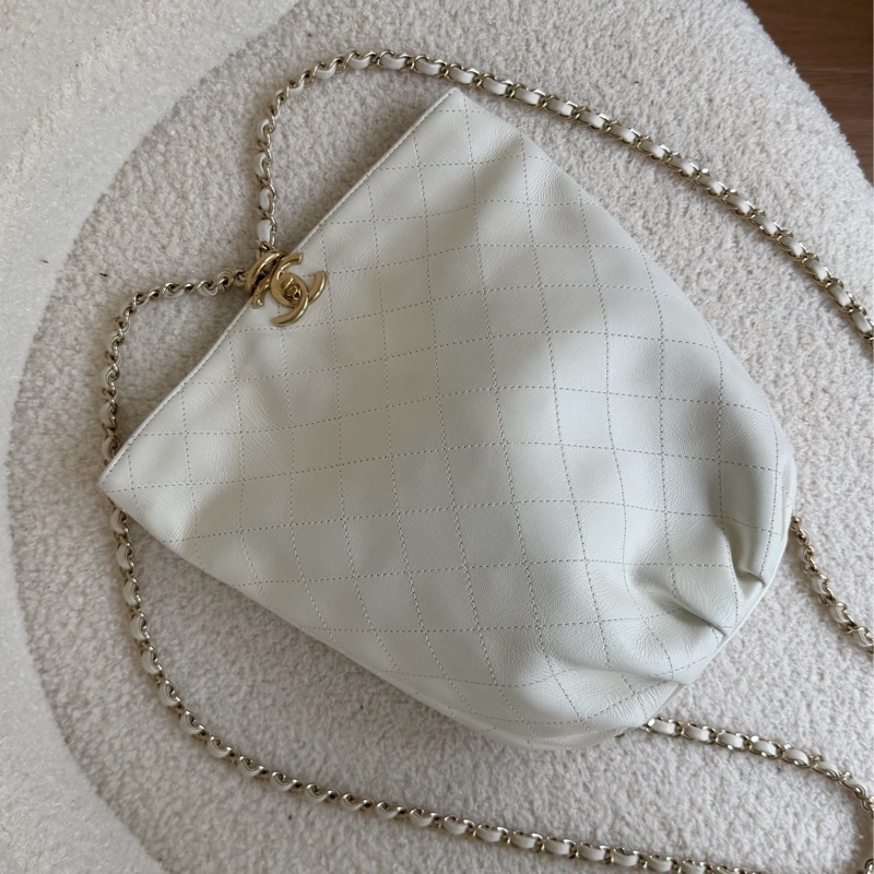 Chanel 白色荔枝皮 雙鏈 後背包-5