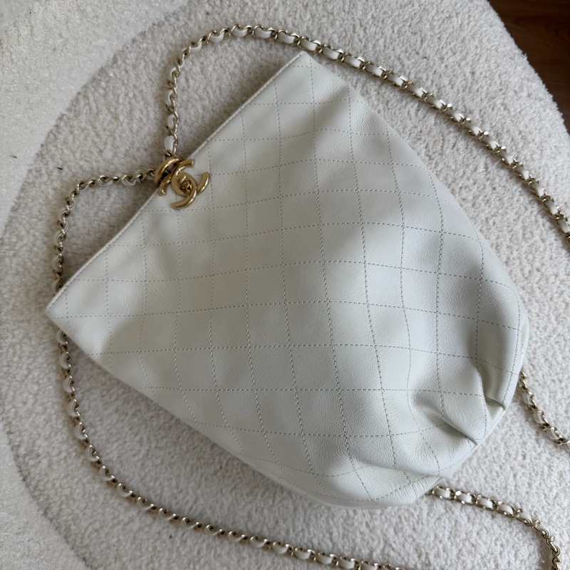 Chanel 白色荔枝皮 雙鏈 後背包-6