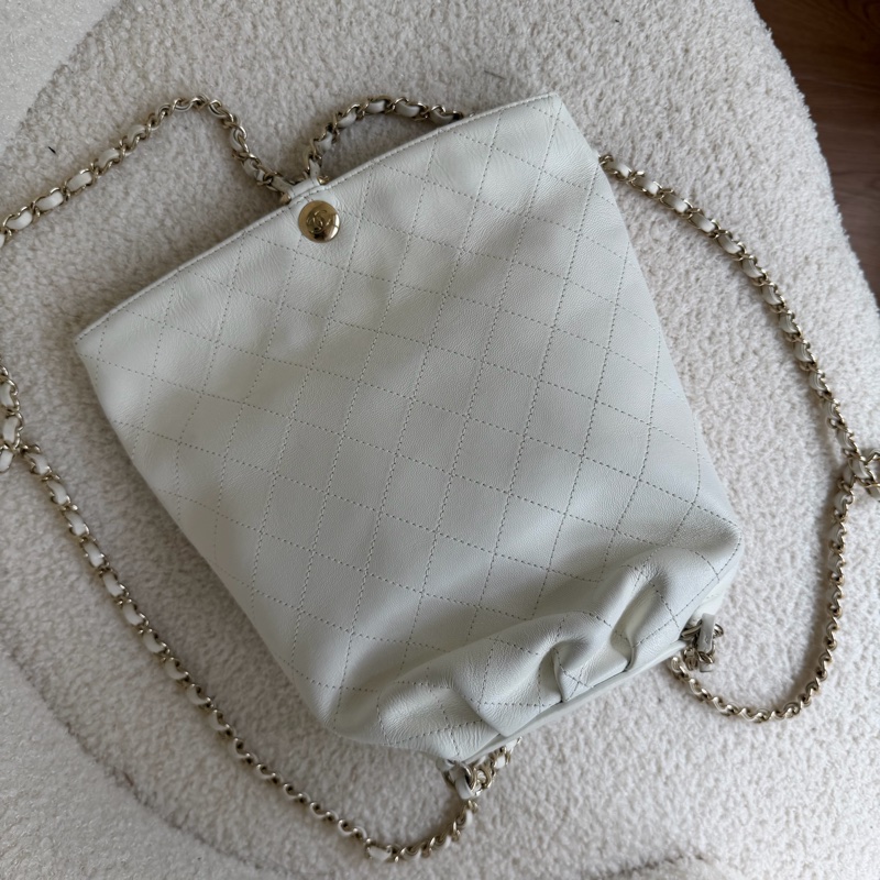 Chanel 白色荔枝皮 雙鏈 後背包-7