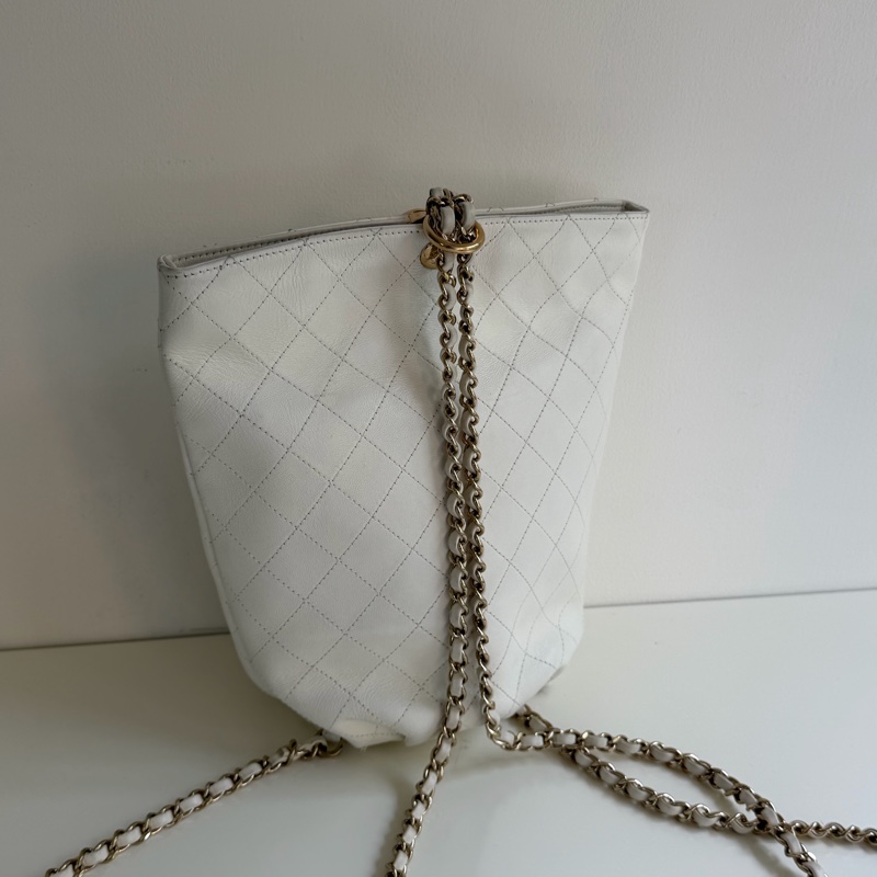 Chanel 白色荔枝皮 雙鏈 後背包-8