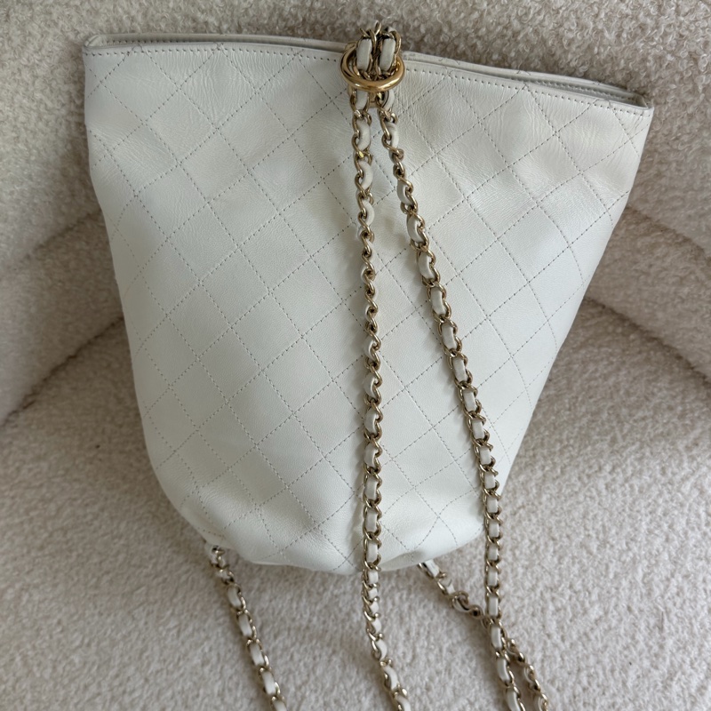 Chanel 白色荔枝皮 雙鏈 後背包-9