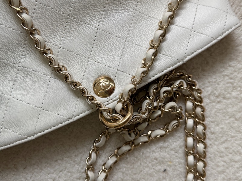 Chanel 白色荔枝皮 雙鏈 後背包-21
