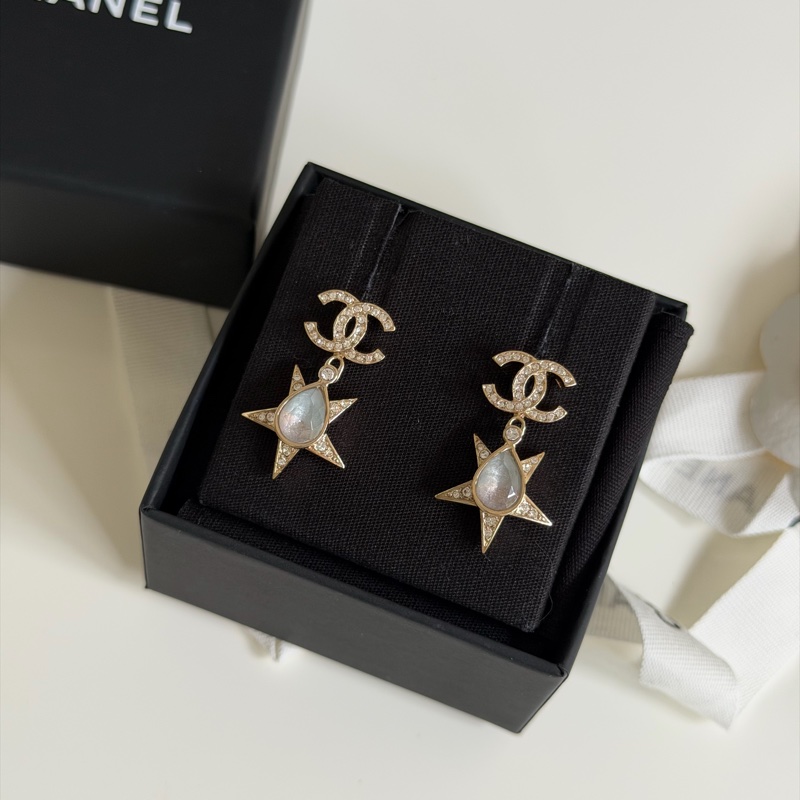Chanel 香奈兒 雙C星星吊墜 耳環 雙C鑽石 淺藍寶石 耳針-0