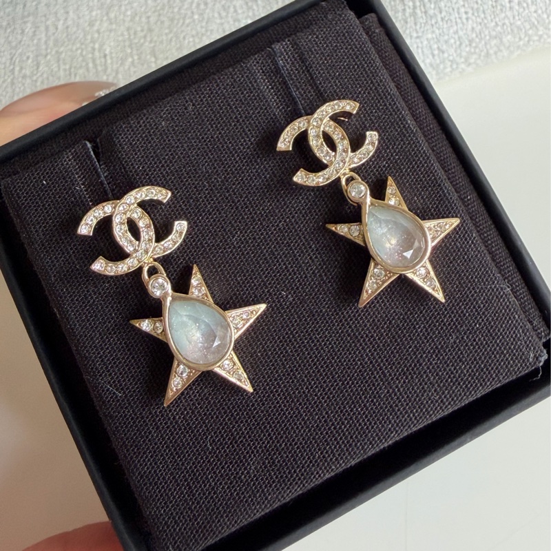 Chanel 香奈兒 雙C星星吊墜 耳環 雙C鑽石 淺藍寶石 耳針-2