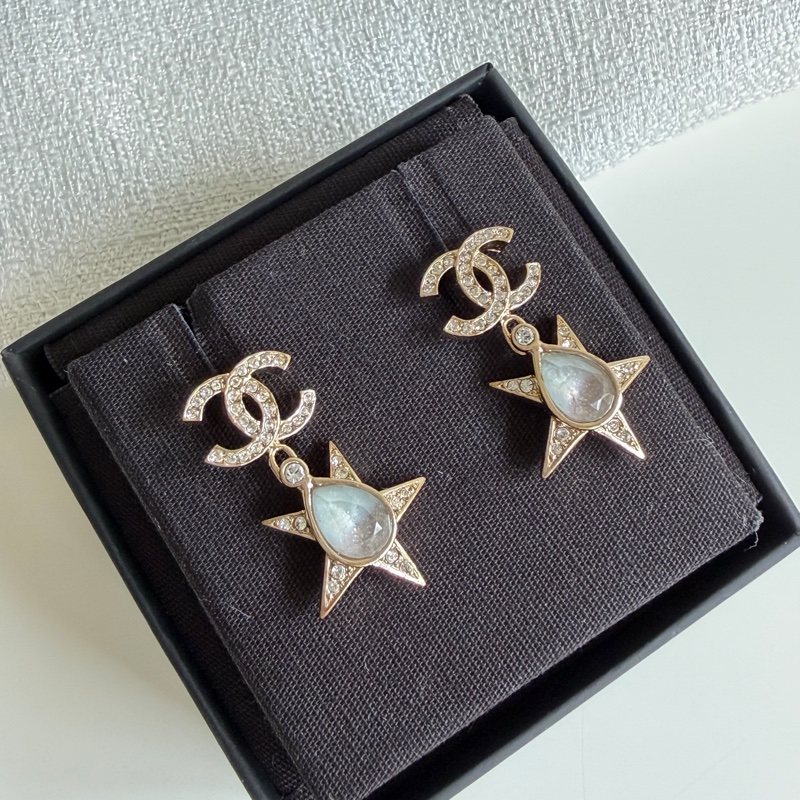 Chanel 香奈兒 雙C星星吊墜 耳環 雙C鑽石 淺藍寶石 耳針-3