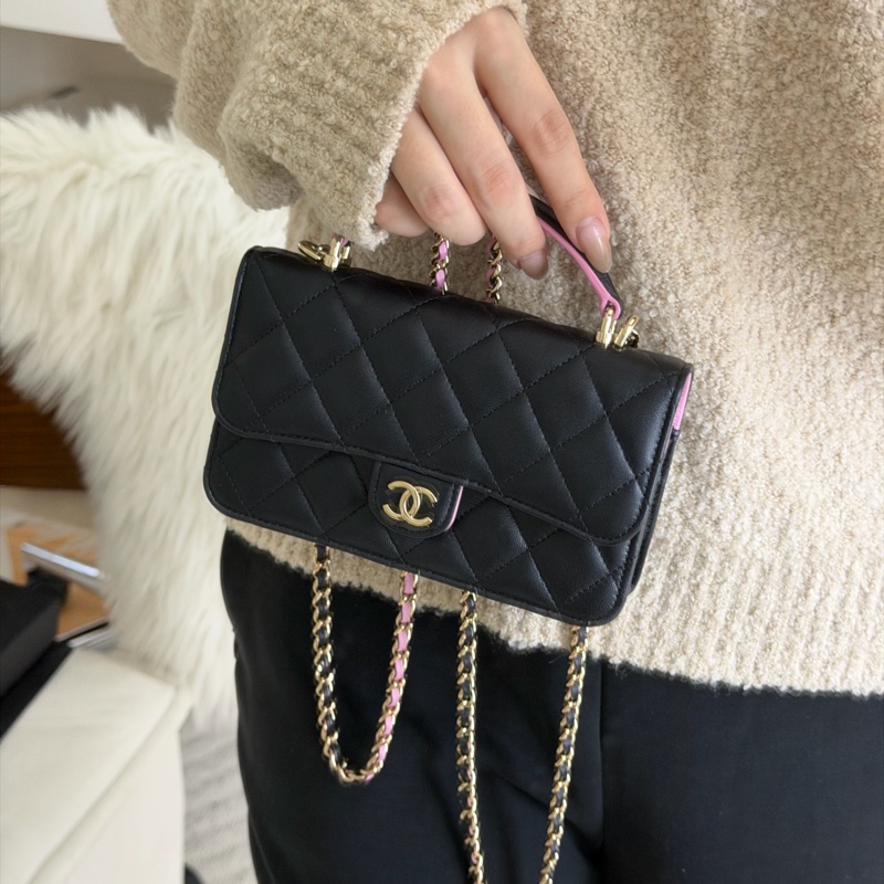 Chanel mini cf 提把woc 粉黑色💕🖤 Blackpink配色-29