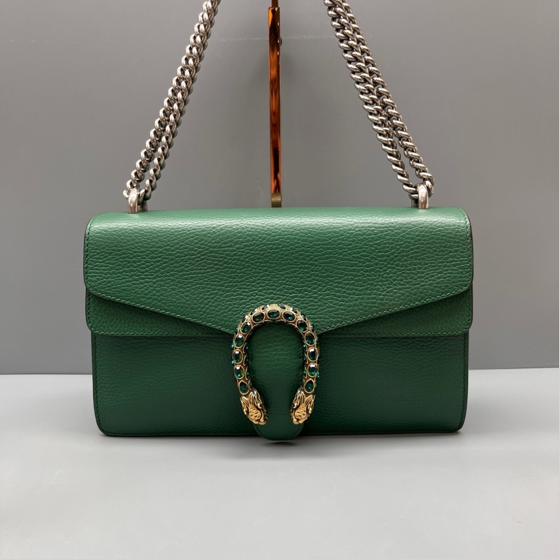 GUCCI 97新 祖母綠中號鑽扣酒神鏈條包 尺寸28*17 SV18493-0