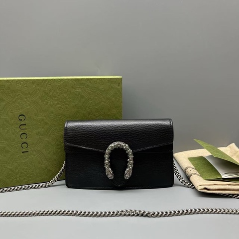 GUCCI 98新 黑色荔枝紋mini鑽扣酒神鏈條包 尺寸16*10 SV18488。