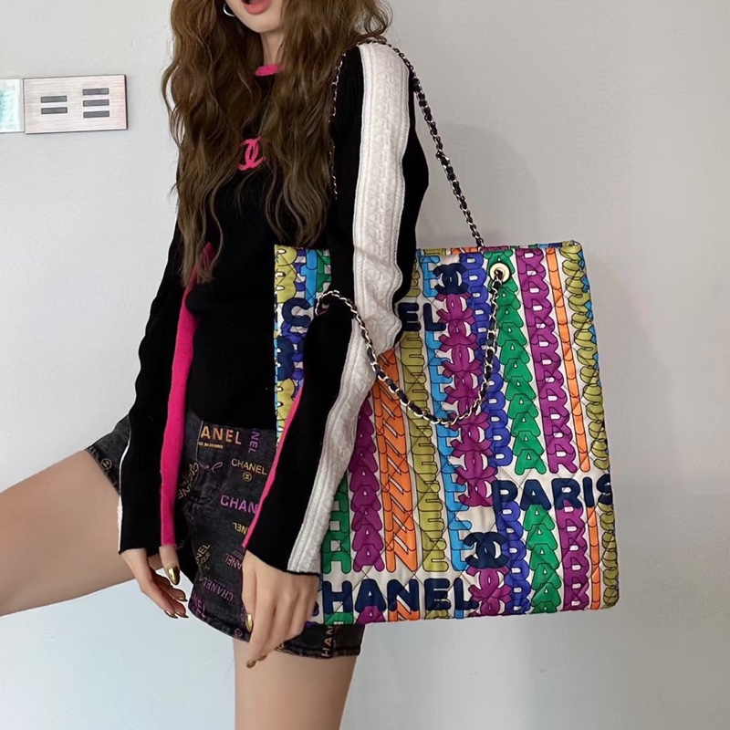 🌈香奈兒21k霓虹彩虹字母tote Chanel彩色尼龍金釦托特包AS2896-0