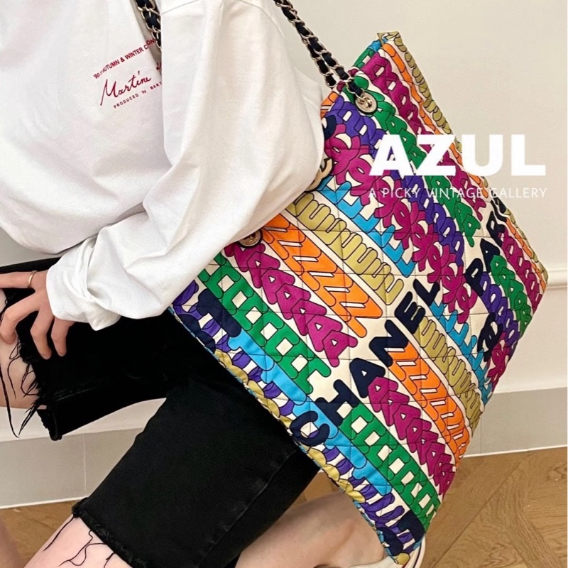 🌈香奈兒21k霓虹彩虹字母tote Chanel彩色尼龍金釦托特包AS2896-3