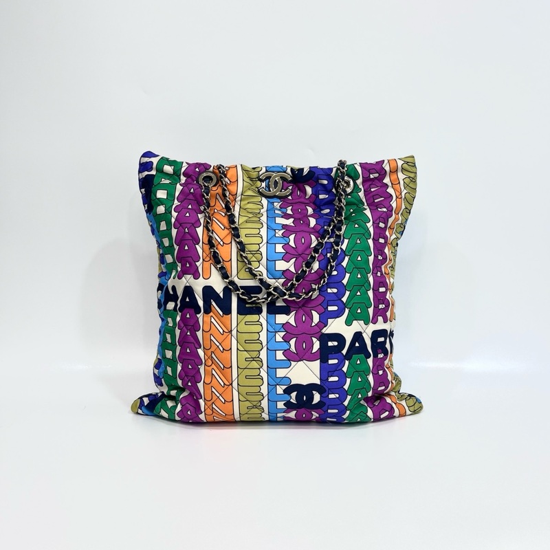 🌈香奈兒21k霓虹彩虹字母tote Chanel彩色尼龍金釦托特包AS2896-4