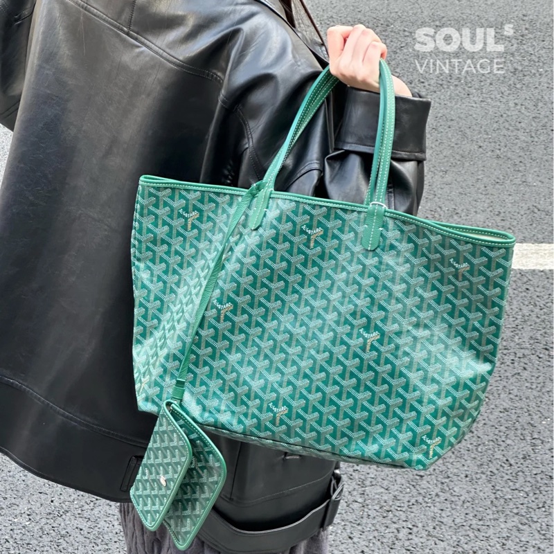 💚戈雅托特Goyard綠色牛皮飾邊Saint Louis PM托特包STLOUIPMLTY09CL09P-0