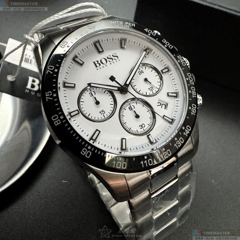 BOSS手錶,編號HB1513875,44mm銀圓形精鋼錶殼,白色三眼, 中三針顯示, 運動錶面,銀色精鋼錶帶款-1