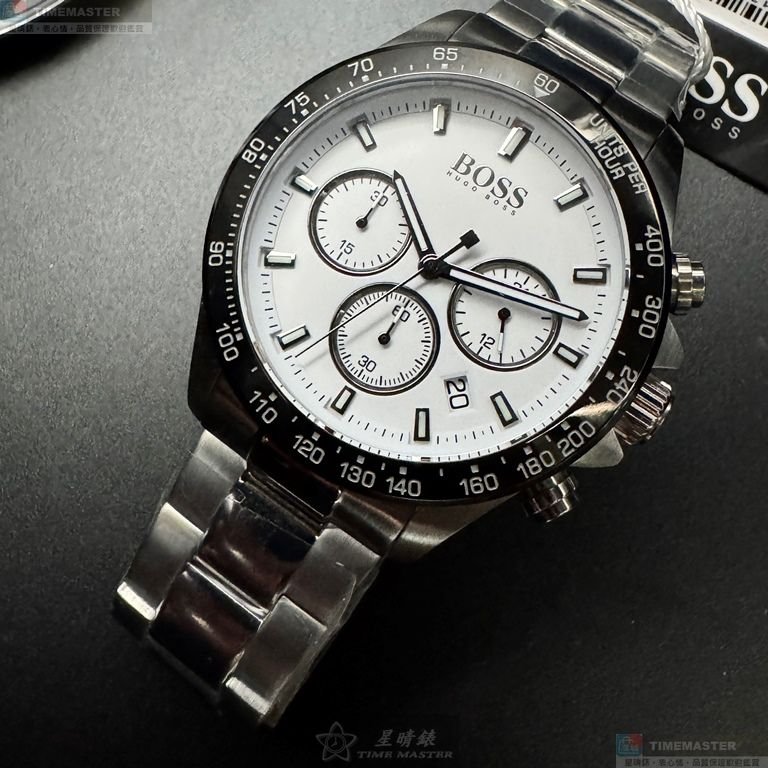 BOSS手錶,編號HB1513875,44mm銀圓形精鋼錶殼,白色三眼, 中三針顯示, 運動錶面,銀色精鋼錶帶款-7