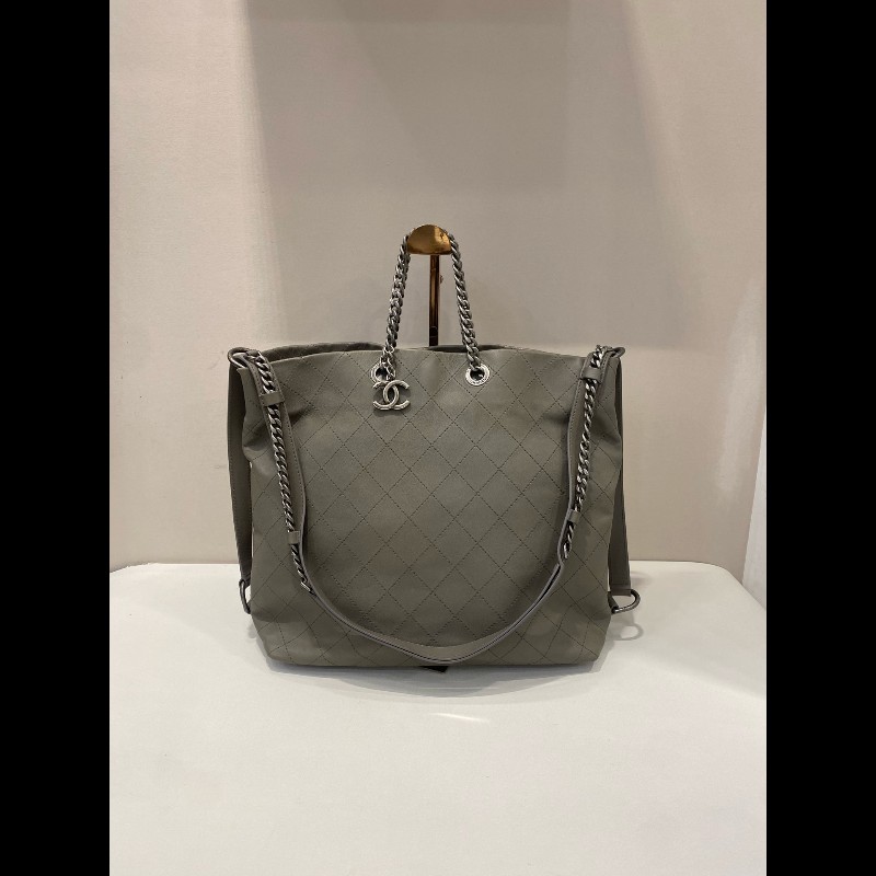 Chanel嘻皮大象灰Tote托特包菱格紋購物袋-1