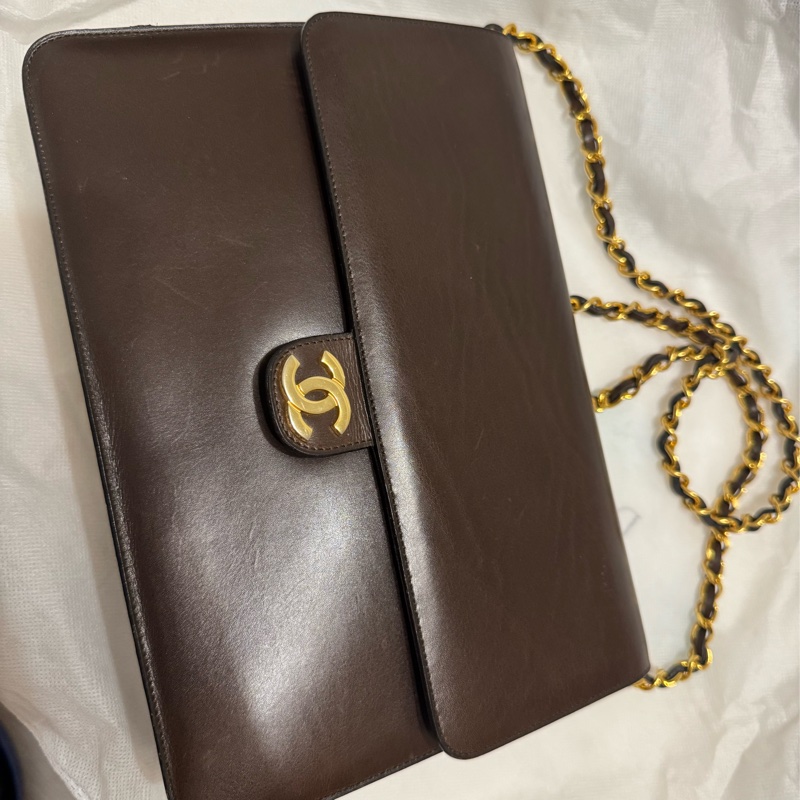 Chanel vintage 咖啡色牛皮信封包-6
