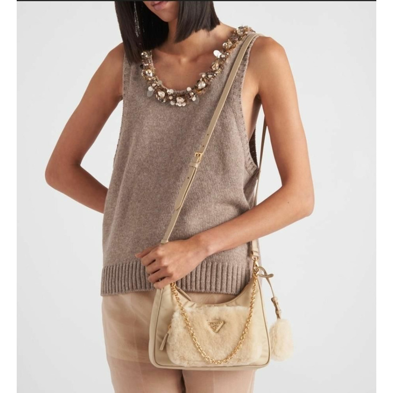 PRADA 錫製包 Tessuto 米色斜背包單肩包鏈條包-5