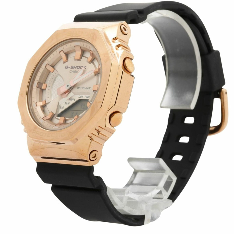 卡西歐 G-SHOCK 指針/數位雙顯女錶 GMS2100PG1A4JF 粉金黑樹脂/不鏽鋼錶殼-1