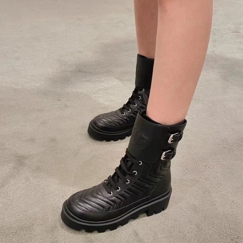 98新 GUCCI古馳 Interlocking 黑色厚底 馬丁靴 37碼 短靴 搭扣圓頭 增高4cm 女款