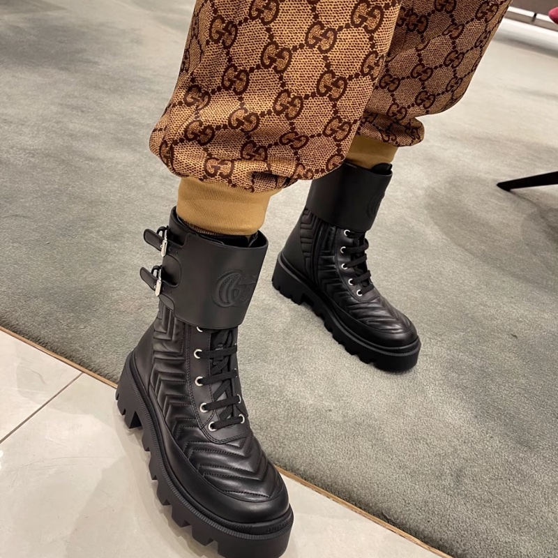 98新 GUCCI古馳 Interlocking 黑色厚底 馬丁靴 37碼 短靴 搭扣圓頭 增高4cm 女款-1