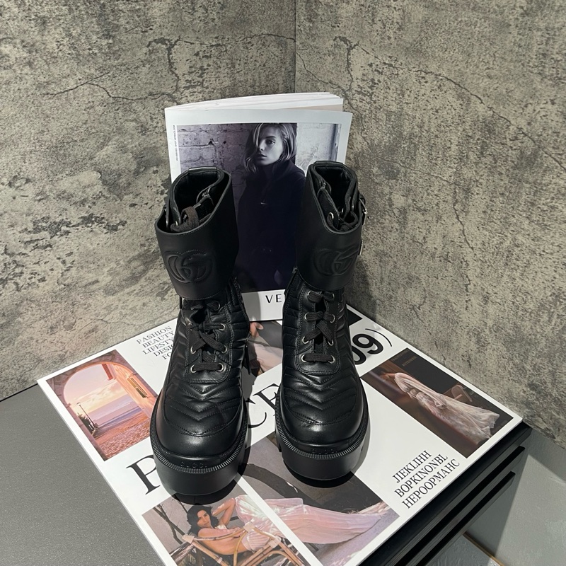 98新 GUCCI古馳 Interlocking 黑色厚底 馬丁靴 37碼 短靴 搭扣圓頭 增高4cm 女款-2