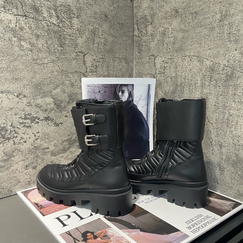 98新 GUCCI古馳 Interlocking 黑色厚底 馬丁靴 37碼 短靴 搭扣圓頭 增高4cm 女款-4