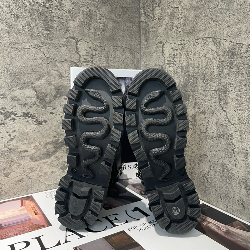 98新 GUCCI古馳 Interlocking 黑色厚底 馬丁靴 37碼 短靴 搭扣圓頭 增高4cm 女款-5