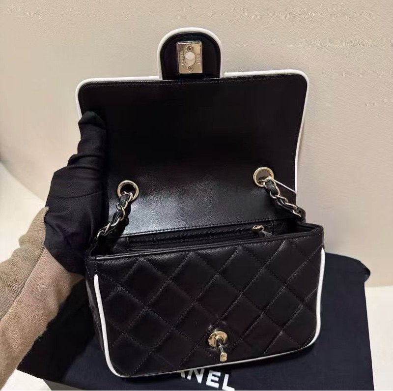 🔥新到：99新Chanel/香奈兒25P黑白熊貓方胖子鏈條包，黑色羊皮配白色包邊，金色鏈條搭配雙C扣，尺寸：19.5*13.5*7cm-3