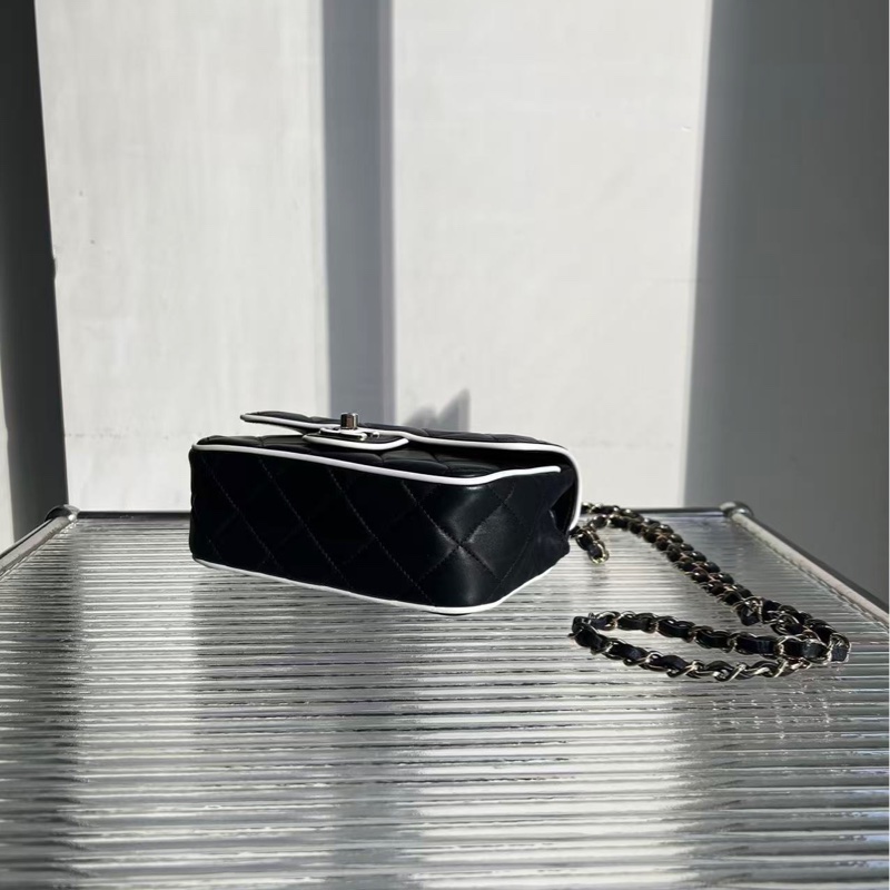 🔥新到：99新Chanel/香奈兒25P黑白熊貓方胖子鏈條包，黑色羊皮配白色包邊，金色鏈條搭配雙C扣，尺寸：19.5*13.5*7cm-6