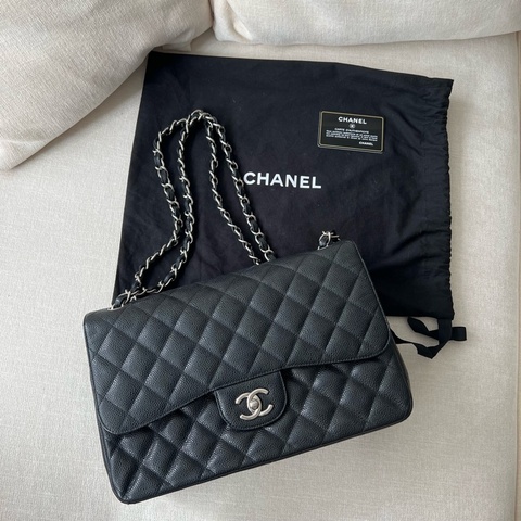 CHANEL CF30 JUMBO香奈兒 黑銀荔枝皮 雙蓋30cm
