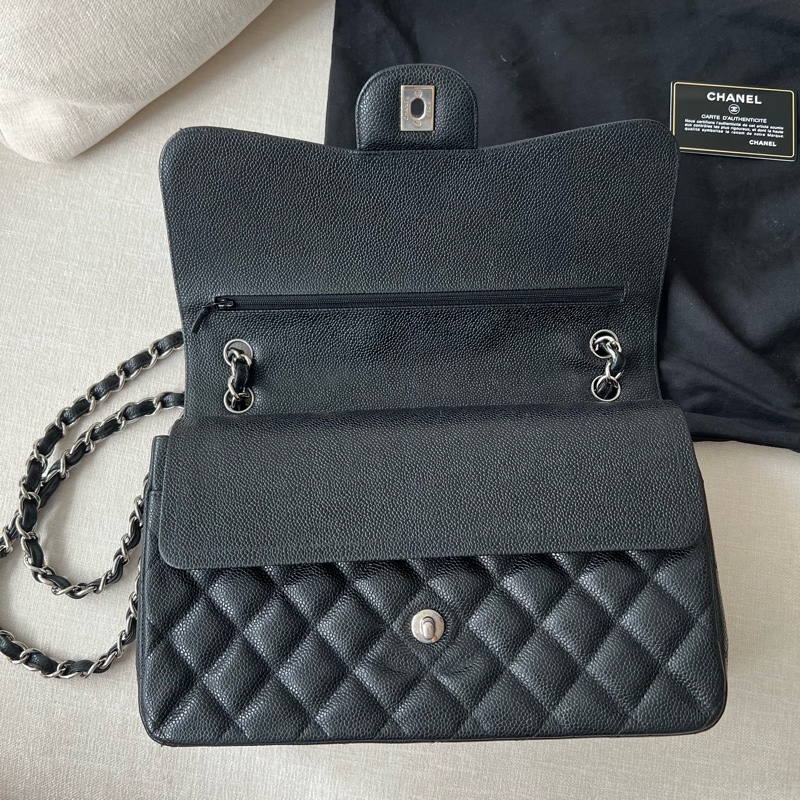 CHANEL CF30 JUMBO香奈兒 黑銀荔枝皮 30cm 雙蓋-1
