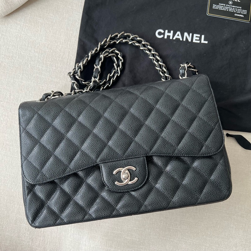 CHANEL CF30 JUMBO香奈兒 黑銀荔枝皮 30cm 雙蓋-5