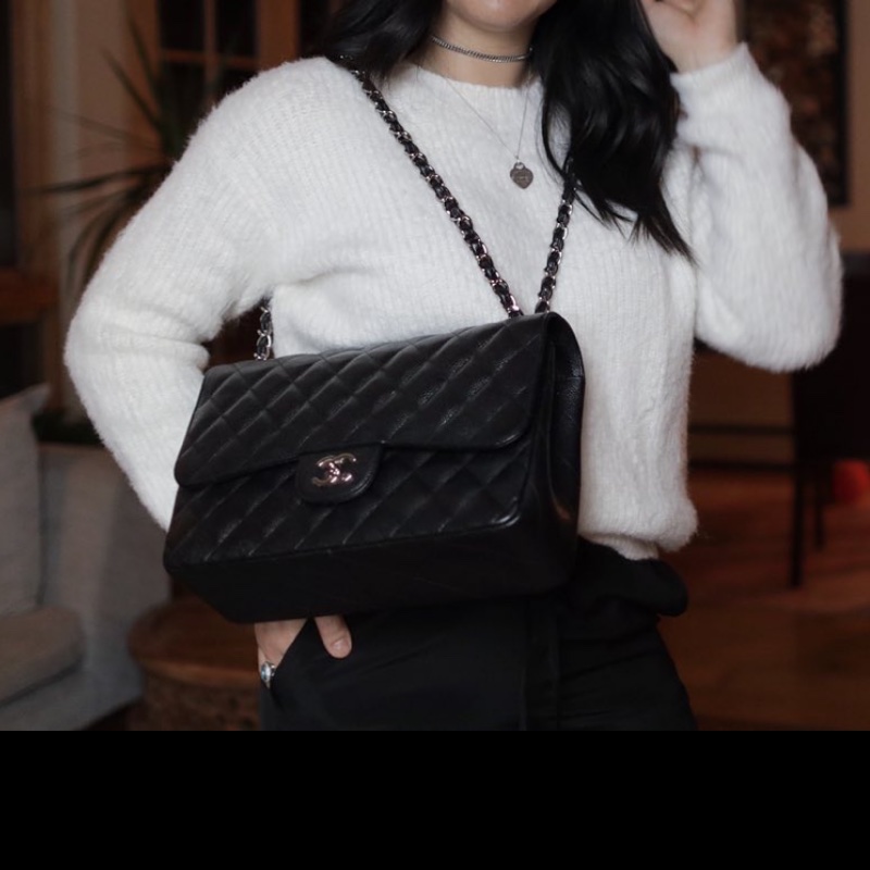 CHANEL CF30 JUMBO香奈兒 黑銀荔枝皮 30cm 雙蓋-22