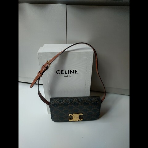 Celine 咖色印花凱旋門釦肩側包