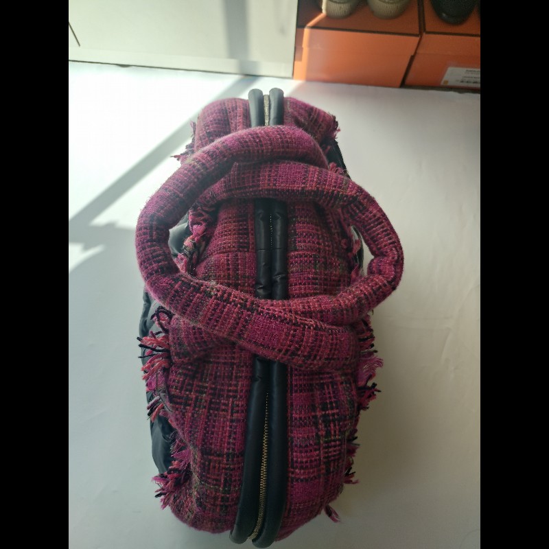 Chanel 深藍尼龍紫紅毛呢邊大保齡球包-5