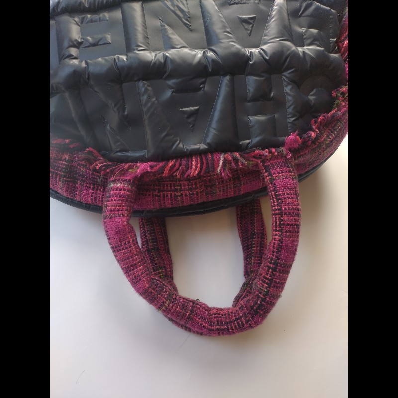 Chanel 深藍尼龍紫紅毛呢邊大保齡球包-6