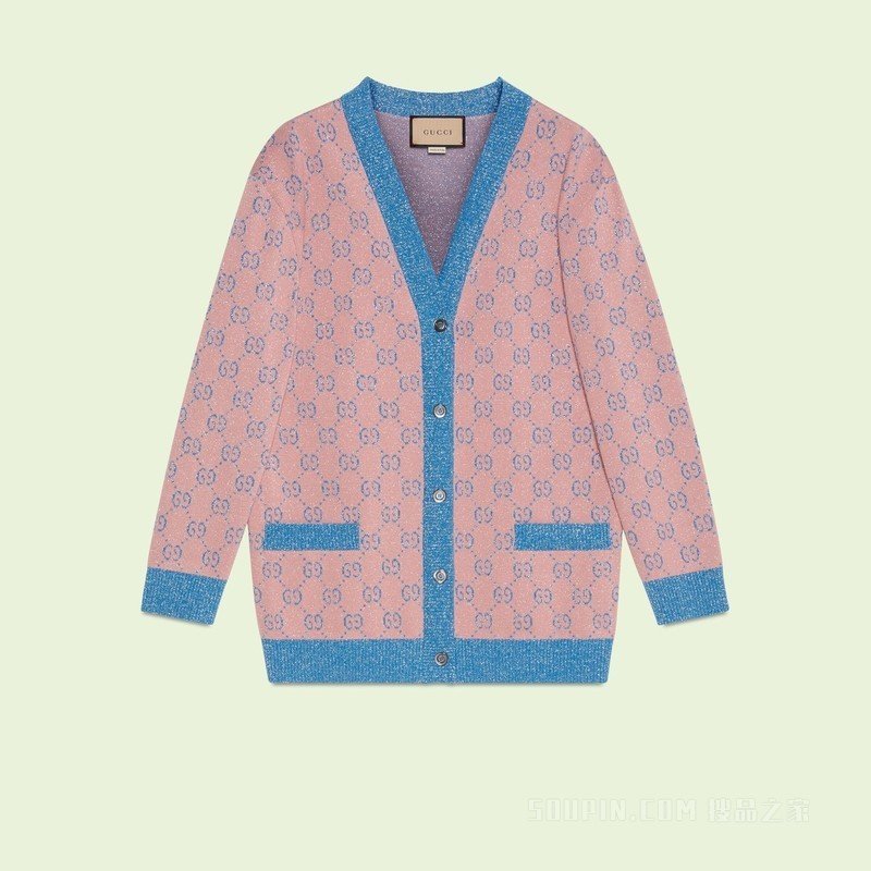 ::GUCCI::糖果色粉藍金蔥針織滿版雙G 開襟外套 開襟衫  Pink GG Cardigan M號-0