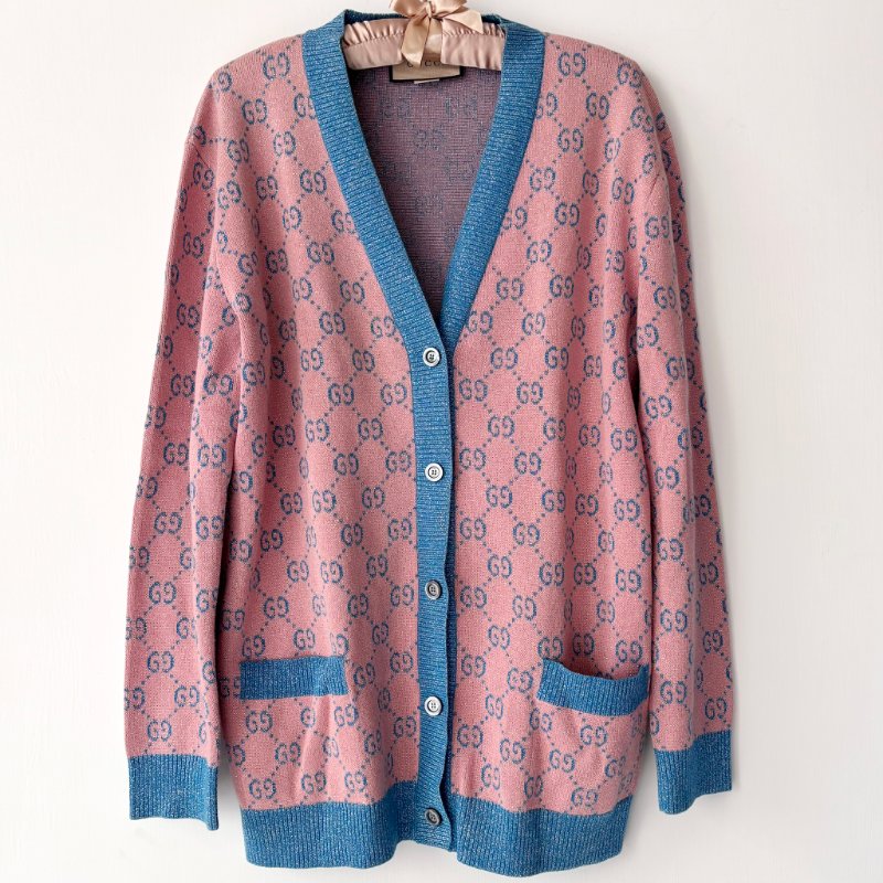 ::GUCCI::糖果色粉藍金蔥針織滿版雙G 開襟外套 開襟衫  Pink GG Cardigan M號-1