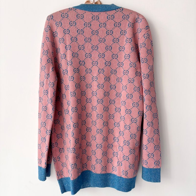::GUCCI::糖果色粉藍金蔥針織滿版雙G 開襟外套 開襟衫  Pink GG Cardigan M號-2