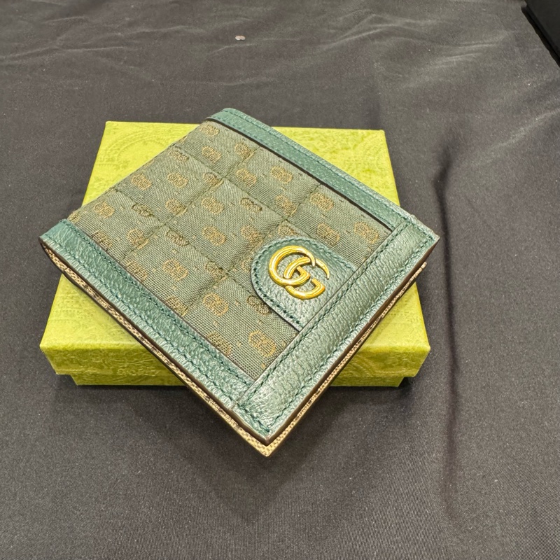 GUCCI 皮拼布方格金釦對開短夾-2