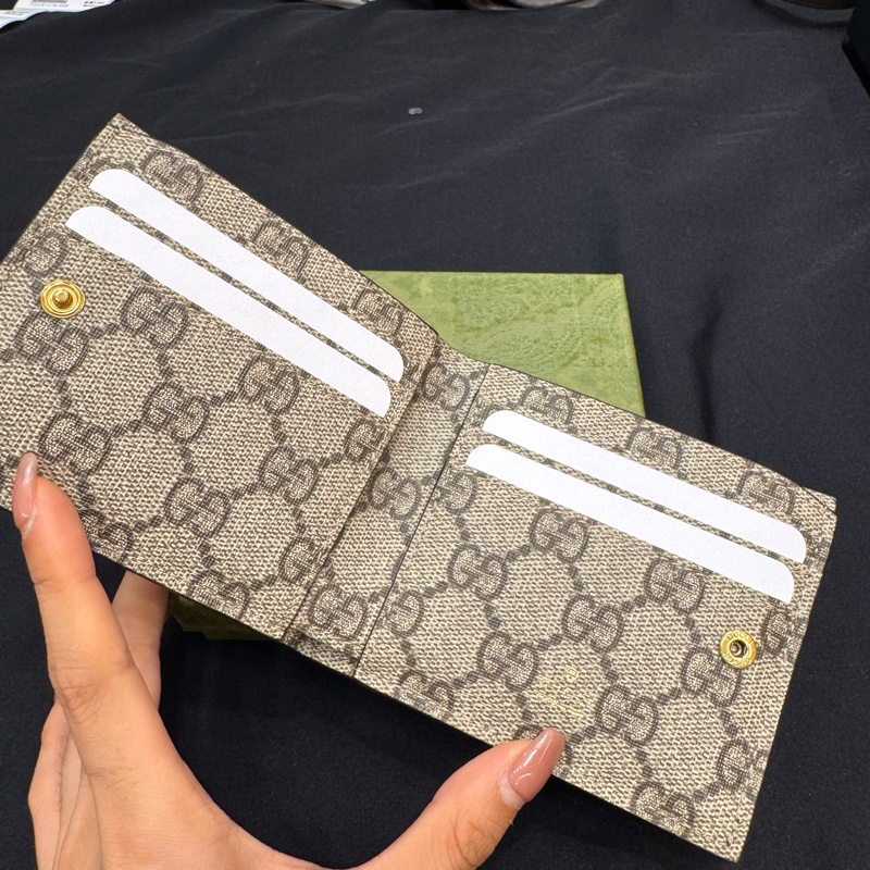GUCCI 皮拼布方格金釦對開短夾-3