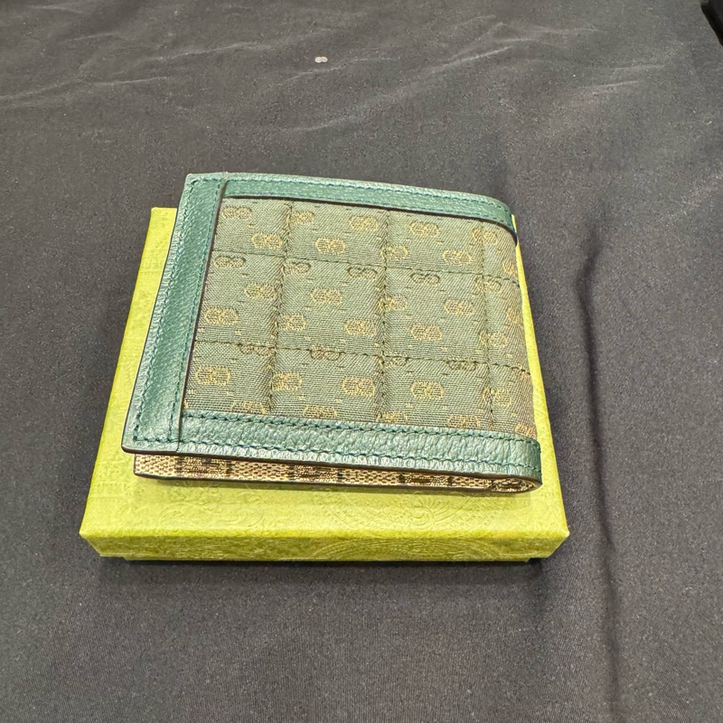 GUCCI 皮拼布方格金釦對開短夾-4