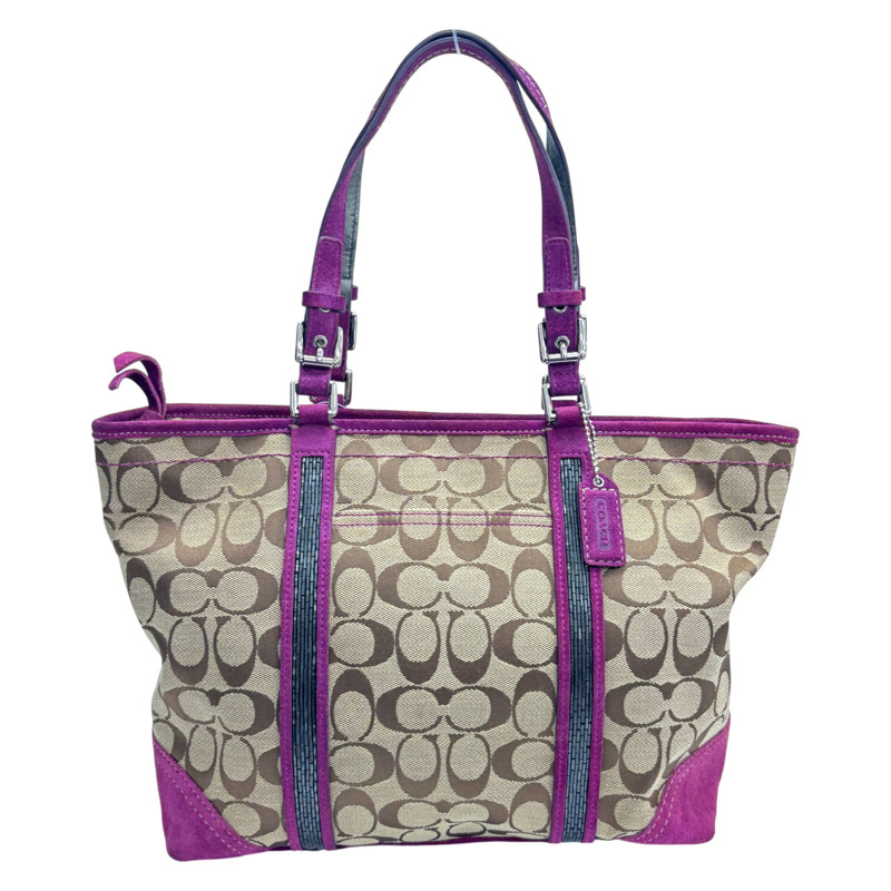 米白色 紫色 緹花帆布 Signature 手提包 【COACH 蔻馳】 8K52-0