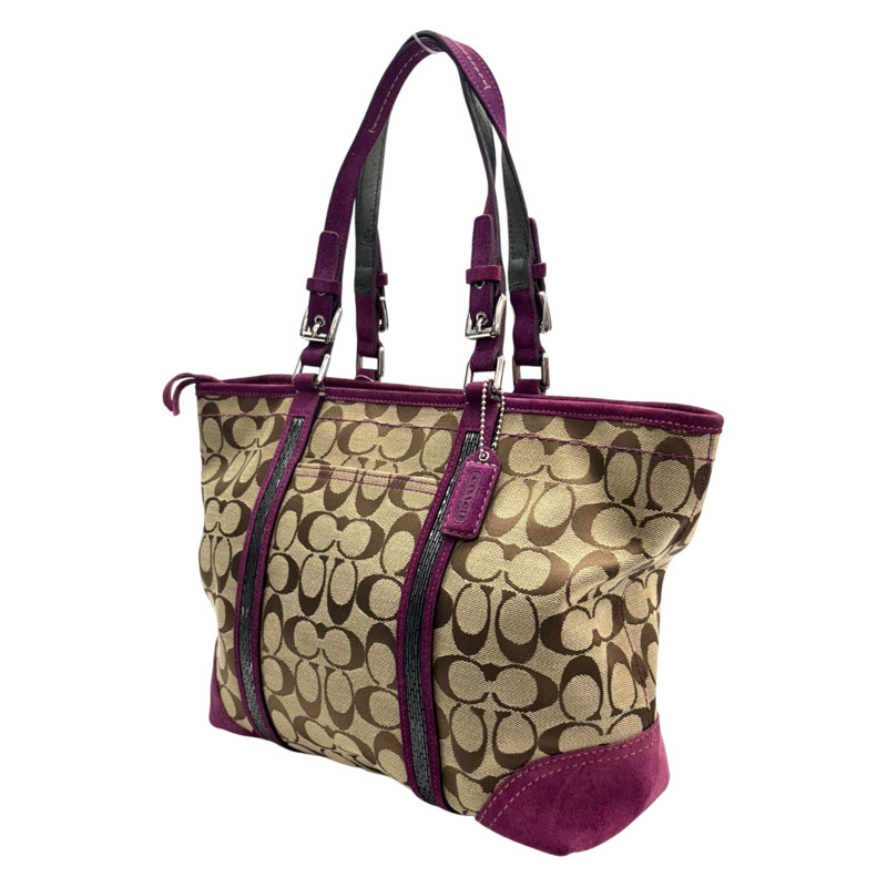米白色 紫色 緹花帆布 Signature 手提包 【COACH 蔻馳】 8K52-1