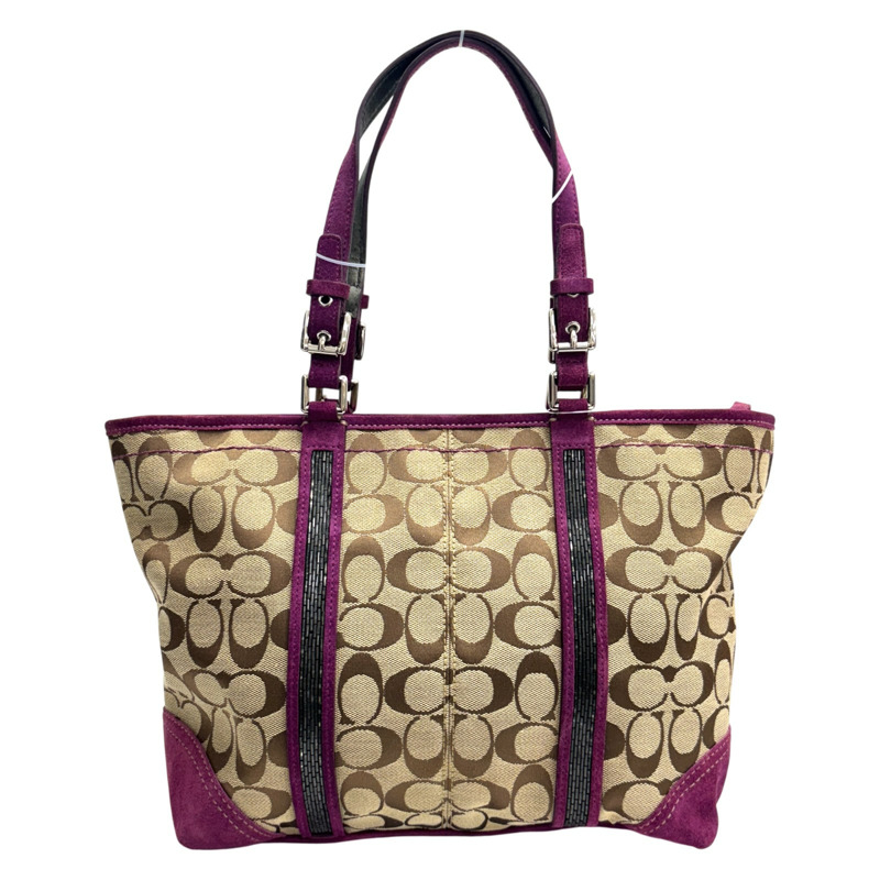 米白色 紫色 緹花帆布 Signature 手提包 【COACH 蔻馳】 8K52-2