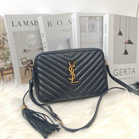 YSL PARIS Lou 黑色 V紋 牛皮 流蘇 金標 相機包