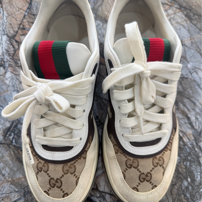 GUCCI古馳 Re-Web 圓頭系帶 低幫 板鞋 棕米色 尺寸：37.5碼 無附件-0