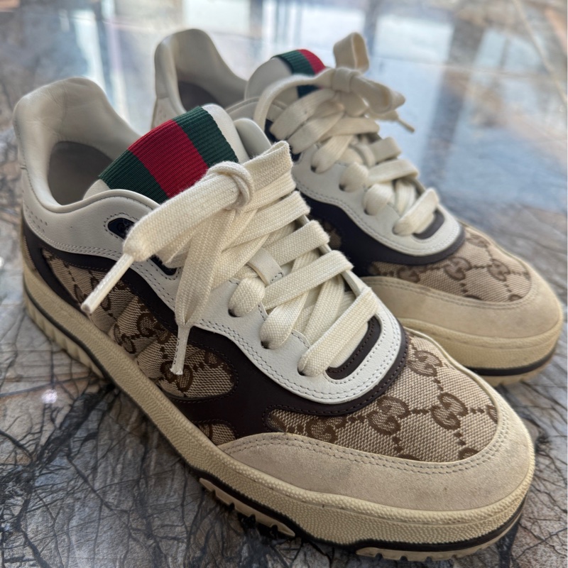 GUCCI古馳 Re-Web 圓頭系帶 低幫 板鞋 棕米色 尺寸：37.5碼 無附件-5