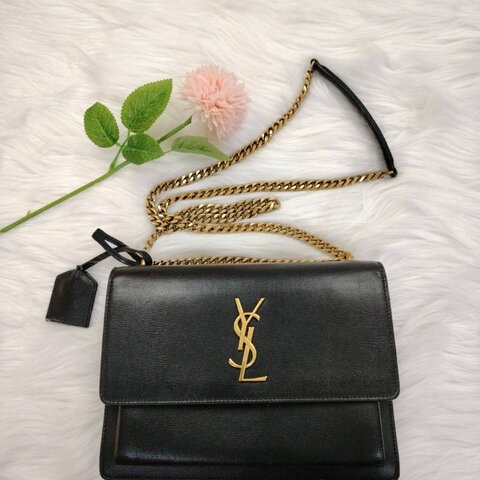 YSL PARIS 日落 黑色 牛皮 中號 牛皮光面 金扣 Sunset 鏈條包