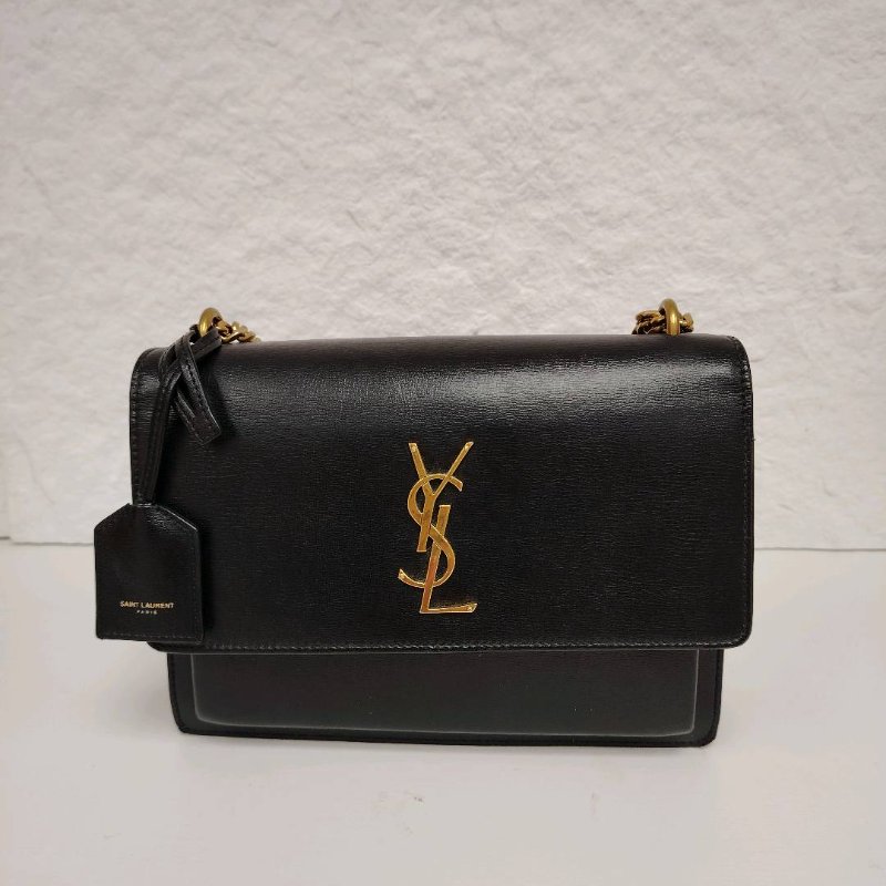 YSL PARIS 日落 黑色 牛皮 中號 牛皮光面 金扣 Sunset 鏈條包-1